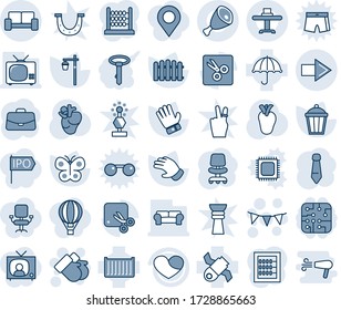 Blue tint and shade editable vector line icon set - right arrow vector, vip waiting area, gloves, flag garland, office chair, case, tie, fence, glove, butterfly, garden light, real heart, satellite