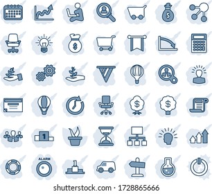 Blue tint and shade editable vector line icon set - seedling vector, alarm led, consumer search, group, arrow up graph, gear, palm sproute, shining head, money bag, clock, pennon, growth, crisis