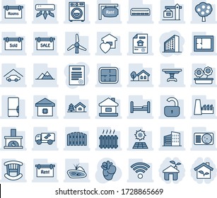 Blue tint and shade editable vector line icon set - office building vector, real heart, contract, house, with tree, pond, sun panel, windmill, fruit, mountains, garage, fence, plan, estate document