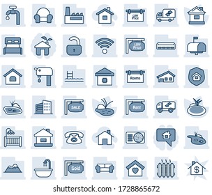 Blue tint and shade editable vector line icon set - house vector, pond, with garage, pool, water supply, mountains, sale, rent, rooms, sold signboard, low price, office building, lock, bedroom, eco