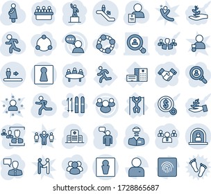 Blue tint and shade editable vector line icon set - escalator vector, male, female, reception, ski, handshake, speaking man, pedestal, team, meeting, run, hospital, doctor, patient, pregnancy, group