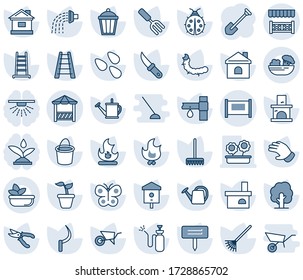 Blue tint and shade editable vector line icon set - fence vector, job, garden fork, rake, ladder, seedling, tree, watering can, wheelbarrow, bucket, pruner, glove, butterfly, lady bug, fire, house