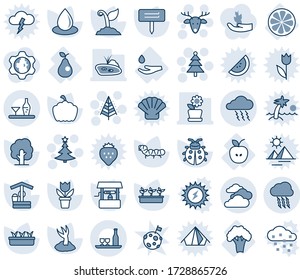 Blue tint and shade editable vector line icon set - storm cloud vector, clouds, christmas tree, deer, flower in pot, sproute, lady bug, seedling, water drop, well, plant label, pumpkin, caterpillar