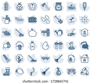 Blue tint and shade editable vector line icon set - shovel vector, fence, rake, tree, watering can, sproute, boot, saw, lawn mower, butterfly, lady bug, house, water drop, sun, hose, hoe, sickle
