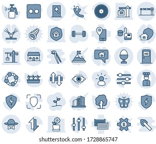 Blue tint and shade editable vector line icon set - medical room vector, barrier, first aid, tree, seedling, garden sprayer, barbell, tonometer, mobile tracking, cargo container, vinyl, protect, eye