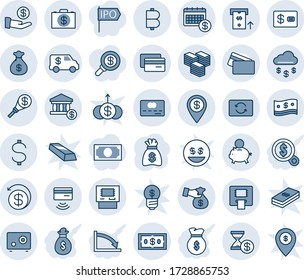 Blue tint and shade editable vector line icon set - money bag vector, dollar, bitcoin, cash, big, rain, credit card, tap pay, exchange, safe, account, atm, calendar, case, pin, piggy bank, back, ipo