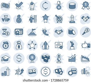 Tinta azul y sombra editable conjunto de iconos de línea vector - vector vip, apretón de manos, estadísticas de crecimiento, peatón, graduado, bolsa de dinero, efectivo, signo de dólar, céntimo, moneda, gran, antorcha, historia de cuenta, policía, objetivo