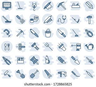 Blauer Farbton und Farbton editierbarer Vektorzeichensatz - Löffel- und Gabelvektor, Stift, Job, Darm, Garten, Schaufel, Rake, Wasserdose, Eimer, Säge, Monitor Puls, Stethoskop, Blutdruck, Skalpell, Hoch
