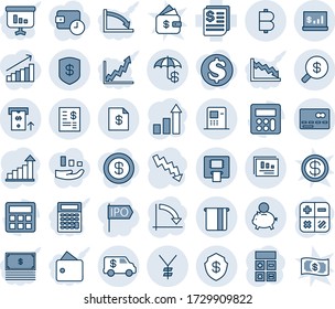 Blue tint and shade editable vector line icon set - credit card vector, growth statistic, calculator, crisis graph, receipt, yen, bitcoin, safe, insurance, atm, money search, account statement, cash