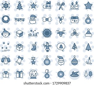 Blue tint and shade editable vector line icon set - christmas tree vector, firework, gift, bow, santa claus, sock, ball, garland, snowflake, landscape, star, candle, bell, calendar, hat, deer, holly