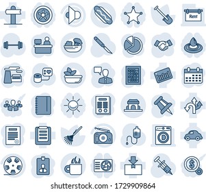 Blue tint and shade editable vector line icon set - handshake vector, speaking man, identity card, abacus, notepad, drawing pin, manager place, calendar, factory, shovel, rake, syringe, dropper, fan