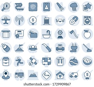 Blue tint and shade editable vector line icon set - antenna vector, smoking place, trash bin, storm cloud, flight table, saw, hoe, garden knife, axe, drip irrigation, run, diet, pin, satellite, rca
