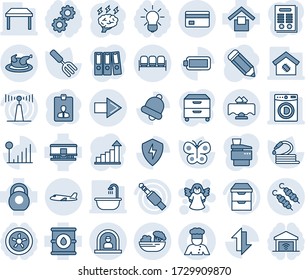 Blue tint and shade editable vector line icon set - waiting area vector, reception, right arrow, plane, angel, identity card, growth statistic, brainstorm, pencil, garden fork, butterfly, hose, bell