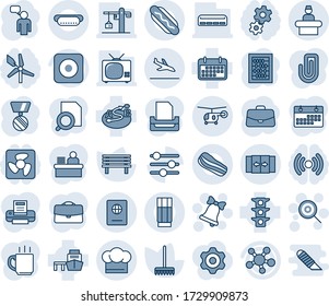 Blue tint and shade editable vector line icon set - arrival vector, automatic door, reception, passport, helicopter, bell, lollipop, speaking man, case, medal, abacus, rake, bench, traffic light, tv