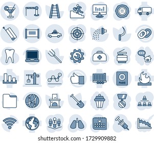 Blue tint and shade editable vector line icon set - fence vector, suitcase, barrier, alarm car, passport, medal, statistic monitor, stamp, shovel, farm fork, ladder, watering, sickle, fireplace