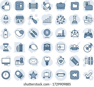 Blue tint and shade editable vector line icon set - baggage trolley vector, elevator, duty free, safe, champagne, ski, pencil, implant, virus, lemon, stopwatch heart, milk, satellite, container