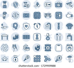Blue tint and shade editable vector line icon set - spoon and fork vector, automatic door, elevator, female, shower, camera, bench, heart shield, pills, mri, three leafs, drop hand, no hook, menu