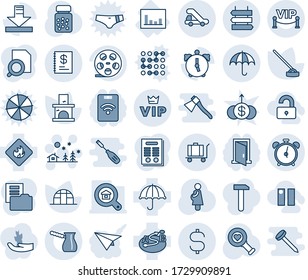 Blue tint and shade editable vector line icon set - alarm clock vector, baggage, insurance, sign post, vip, trap truck, christmas landscape, hoe, fireplace, greenhouse, heart diagnostic, pregnancy