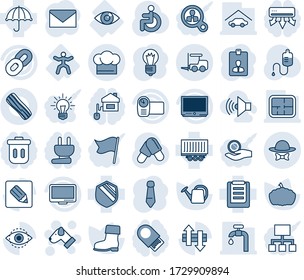 Blue tint and shade editable vector line icon set - fork loader vector, dog, mail, identity card, tie, bulb, watering can, boot, pumpkin, dropper, pills, disabled, gymnastics, eye, truck trailer, tv