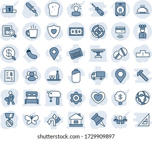 Blue tint and shade editable vector line icon set - reception bell vector, medal, document search, butterfly, heart, dropper, pills, shield, eggplant, route, car delivery, barcode, speaker, network