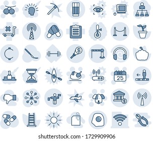 Blue tint and shade editable vector line icon set - fence vector, barrier, traffic controller, antenna, travolator, 25 dec calendar, turkey, rowanberry, dog, hierarchy, ladder, seedling, pumpkin