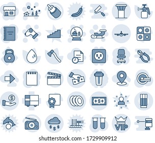 Blue tint and shade editable vector line icon set - airport tower vector, vip, plane, christmas landscape, sleigh, snowball house, dog, office chair, notepad, water drop, axe, garden sprayer, weight