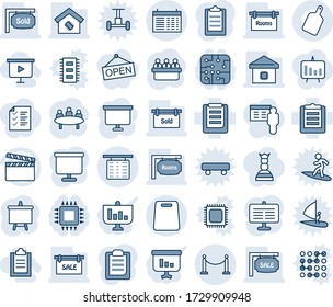 Blue tint and shade editable vector line icon set - fence vector, flight table, schedule, presentation board, meeting, clipboard, clapboard, sale, rooms, sold signboard, smart home, cutting, chip