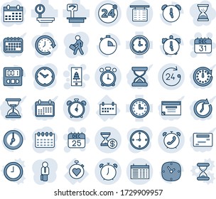 Blue tint and shade editable vector line icon set - 24 around vector, alarm clock, flight table, hours, phone, schedule, 25 dec calendar, 31, christmas mobile, stopwatch heart, heavy scales, manager