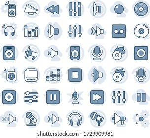 Blue tint and shade editable vector line icon set - vinyl vector, flame disk, microphone, speaker, loudspeaker, settings, equalizer, headphones, pause button, stop, fast forward, rec, hdmi, tuning