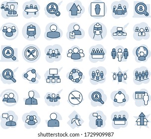 Blue tint and shade editable vector line icon set - spoon and fork vector, train, male, speaking man, team, meeting, patient, no smoking sign, banana, group, user, hr, company, client search, social