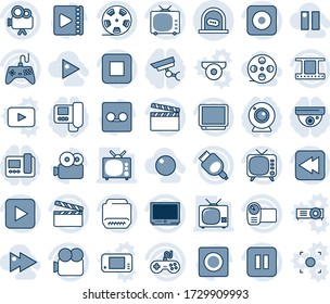 Blue tint and shade editable vector line icon set - ticket office vector, clapboard, film frame, reel, tv, gamepad, video camera, play button, pause, stop, rewind, rec, hdmi, record, fast forward