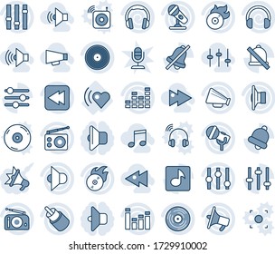Blue tint and shade editable vector line icon set - heart beat vector, vinyl, flame disk, microphone, radio, speaker, loudspeaker, settings, equalizer, headphones, rewind, rca, tuning, bell, mute