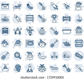 Blue tint and shade editable vector line icon set - trap truck vector, santa claus, christmas hat, sleigh, elf, job, garden fork, shovel, lady bug, caterpillar, bacteria, stomach, medical mask, rack