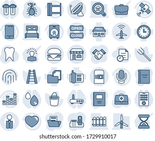 Blue tint and shade editable vector line icon set - plane radar vector, satellite antenna, coffee machine, shop, farm fork, ladder, bucket, doctor case, tooth, virus, store, office phone, clock