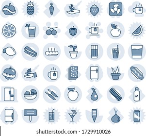 Blue tint and shade editable vector line icon set - tea vector, rowanberry, seedling, plant label, diet, lemon, carrot, slice, sweet pepper, pear, onion, milk, breads, fridge, drink, phyto bar, fan