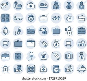 Blue tint and shade editable vector line icon set - suitcase vector, baggage conveyor, trolley, larry, luggage storage, scales, checkroom, truck, room, case, money bag, fertilizer, doctor, dropper