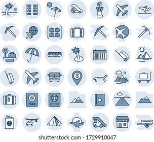 Blue tint and shade editable vector line icon set - plane vector, baggage trolley, airport bus, umbrella, passport, ladder car, helicopter, luggage storage, scales, tower, runway, suitcase, seats