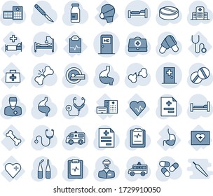 Blue tint and shade editable vector line icon set - bed vector, medical room, first aid, doctor case, diagnosis, stethoscope, pills, ampoule, scalpel, tomography, ambulance car, hospital, stomach