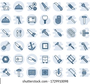 Blue tint and shade editable vector line icon set - safe vector, spoon and fork, job, saw, garden knife, implant, paper clip, dish, work, anchor, casting of steel, hammer, rolling, bucksaw, mason