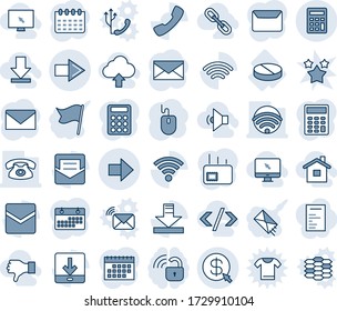 Blue tint and shade editable vector line icon set - right arrow vector, mail, mouse, calendar, pill, call, download, wireless, money click, calculator, phone, home, monitor cursor, low volume, link