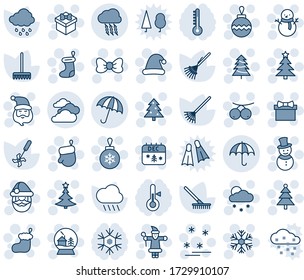 Blue tint and shade editable vector line icon set - umbrella vector, storm cloud, insurance, clouds, christmas tree, gift, bow, santa claus, sock, glove, ball, snowflake, snowfall, snowman, calendar