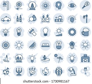Blauer Farbton und Farbton bearbeitbare Vektorlinie Icon Set - Taxi Vektor, Gepäck, Sicherheitsauto, Sonne, Kerze, Schneeballhaus, Baum, Brainstorm, Glühbirne, Feuer, Gartenlicht, Bluttest, Auge, Verkehr, Fackel, Geld