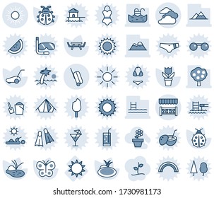 Blue tint and shade editable vector line icon set - sun vector, suitcase, clouds, flower in pot, lawn mower, butterfly, lady bug, pond, picnic table, pool, fruit tree, mountains, alcove, sproute