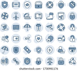 Blue tint and shade editable vector line icon set - plane radar vector, fence, umbrella, trash bin, safe, lock, boot, hose, heart shield, hand, medical patch, estate insurance, locked, unlocked, key