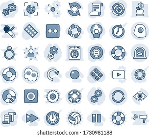Blue tint and shade editable vector line icon set - ticket office vector, contract, circle chart, stamp, pills blister, record, eye id, update, exchange, target, washer, flower in pot, omelette