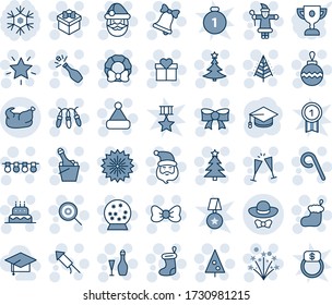 Blue tint and shade editable vector line icon set - christmas tree vector, firework, gift, bow, santa claus, sock, ball, garland, star, bell, lollipop, hat, rocket, wreath, cake, wine, glasses