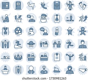 Blue tint and shade editable vector line icon set - dispatcher vector, passport control, security gate, reception, medical room, metal detector, elevator, travolator, santa claus, cake man, run