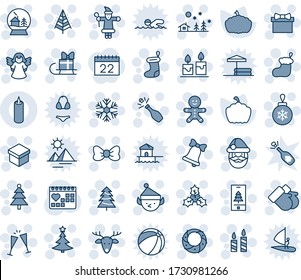 Blue tint and shade editable vector line icon set - christmas tree vector, gift, bow, santa claus, sock, ball, snowflake, landscape, candle, bell, gloves, cake man, deer, holly, wreath, wine glasses