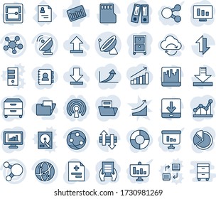 Blue tint and shade editable vector line icon set - satellite antenna vector, office binder, document, statistic monitor, diagnosis, patient card, barcode, network, share, scanner, sd, data exchange