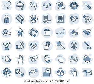 Blue tint and shade editable vector line icon set - plane radar vector, snowfall, handshake, document, garden fork, glove, heart hand, power, spoon plate, client, touch screen, investment, card pay